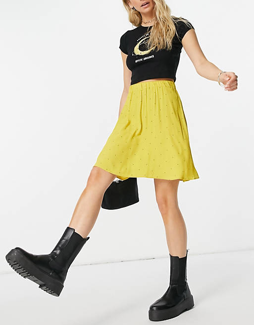 Women YAS floaty mini skirt in yellow spot print 