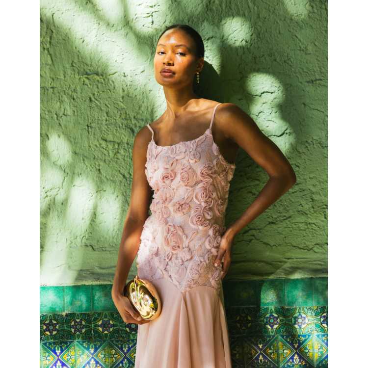 YAS floral applique drop waist cami maxi dress in blushing rose pink | ASOS