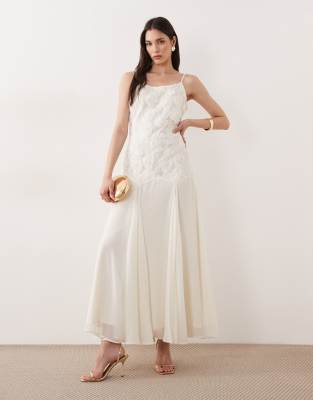 YAS floral applique drop waist cami maxi dress in gardenia white
