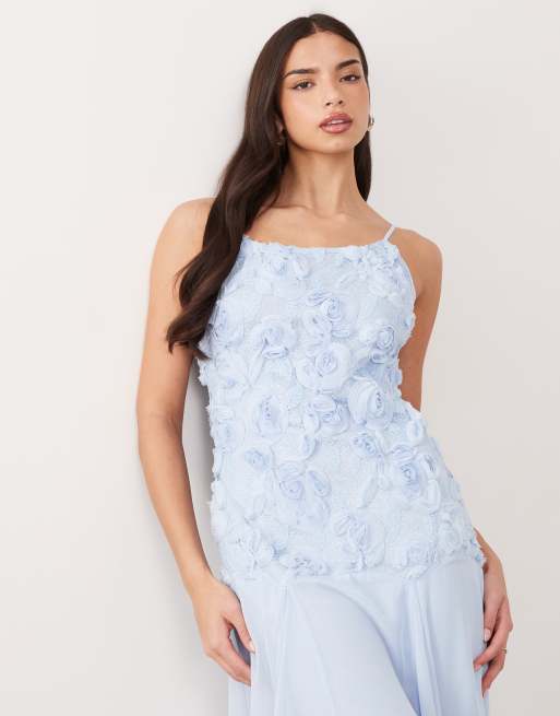 YAS floral applique drop waist cami maxi dress in pale blue, 3 of 4