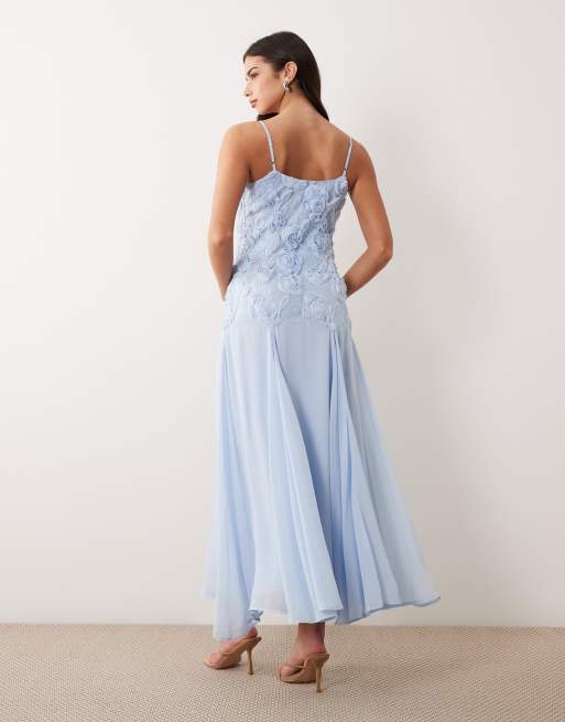 YAS floral applique drop waist cami maxi dress in pale blue, 4 of 4