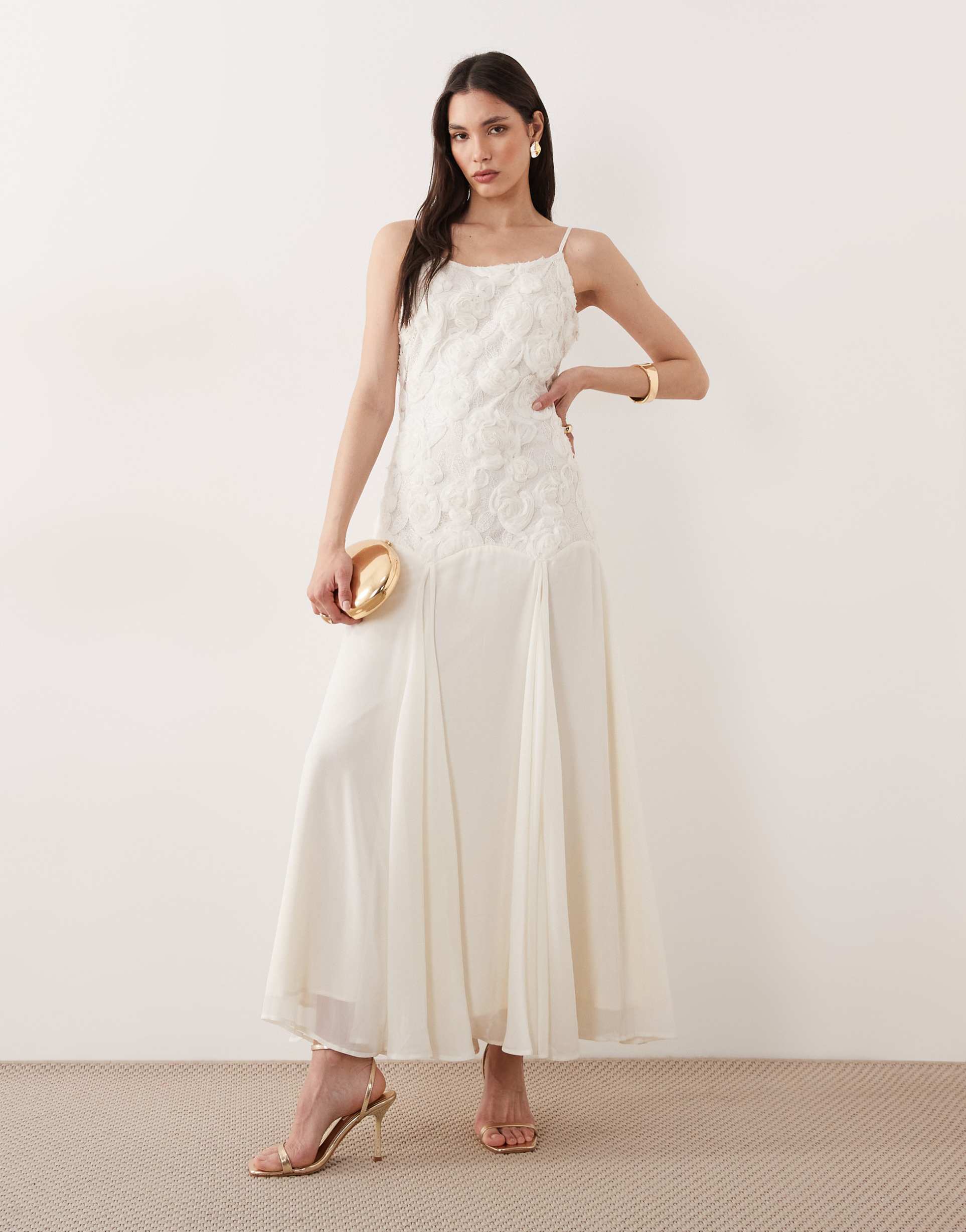 yas floral appliqué dropped waist cami maxi dress in gardenia white