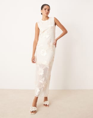 YAS floral applique sheer hem midi dress in cream - view 1
