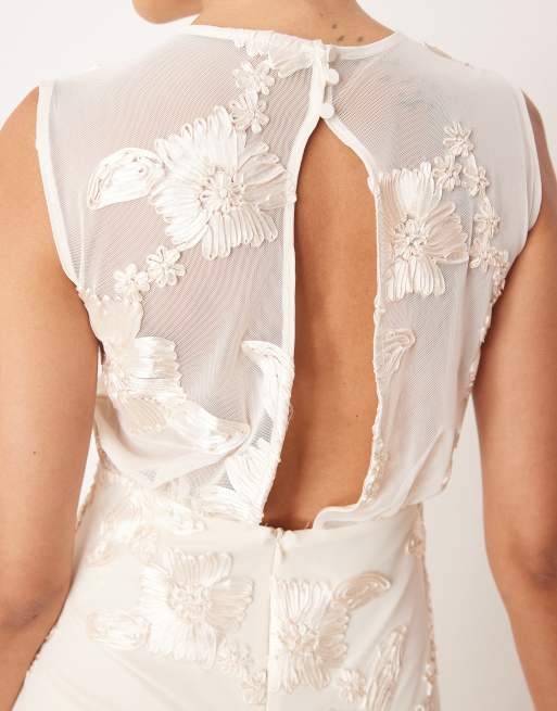 YAS floral applique sheer hem midi dress in cream