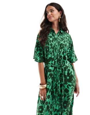 YAS floral belted t-shirt midi dress in green print