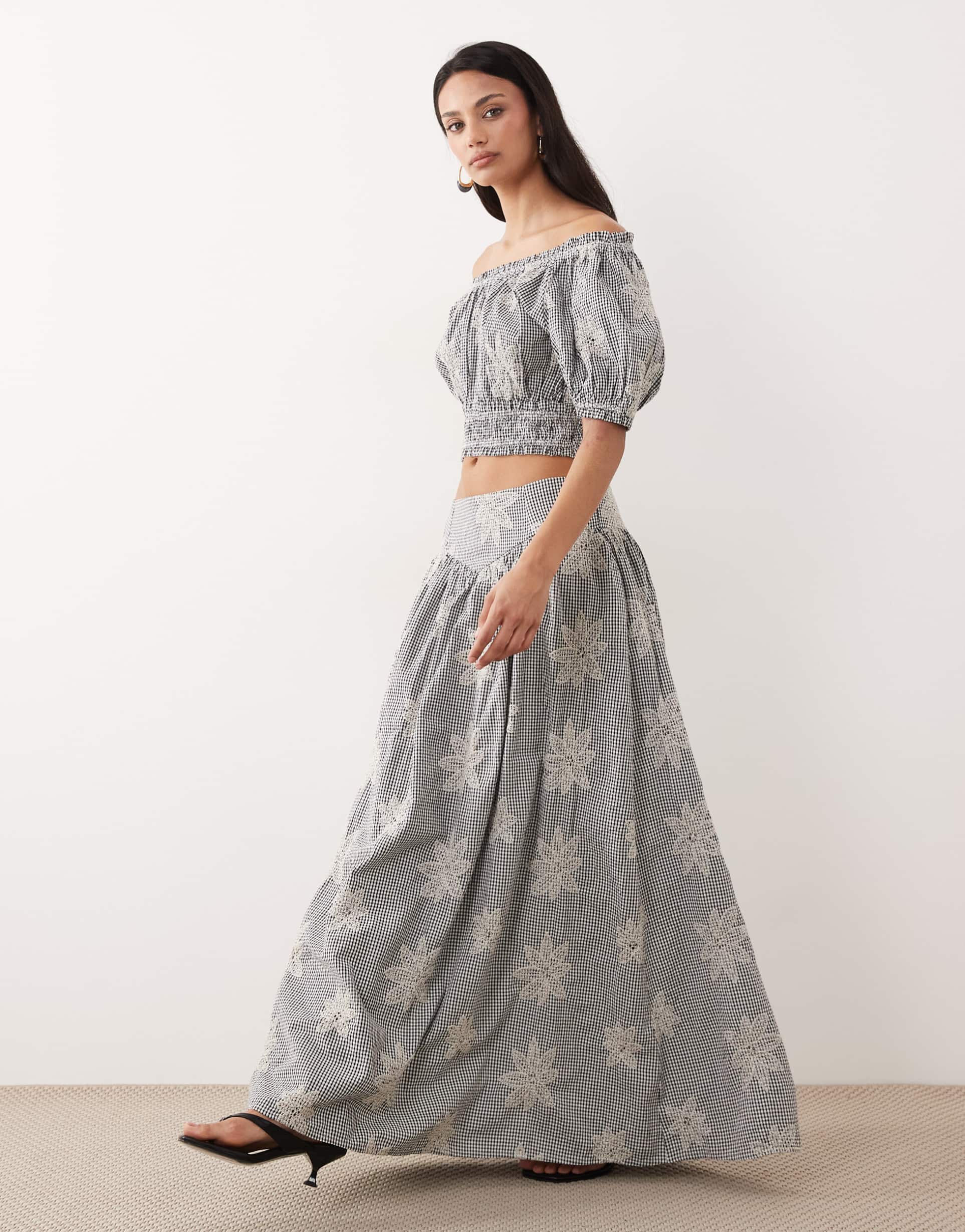 yas floral embroidered full midi skirt in black gingham print - part of a set