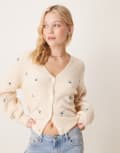 [YAS] YAS floral embroidered knitted cardigan in birch cream-White S Birch