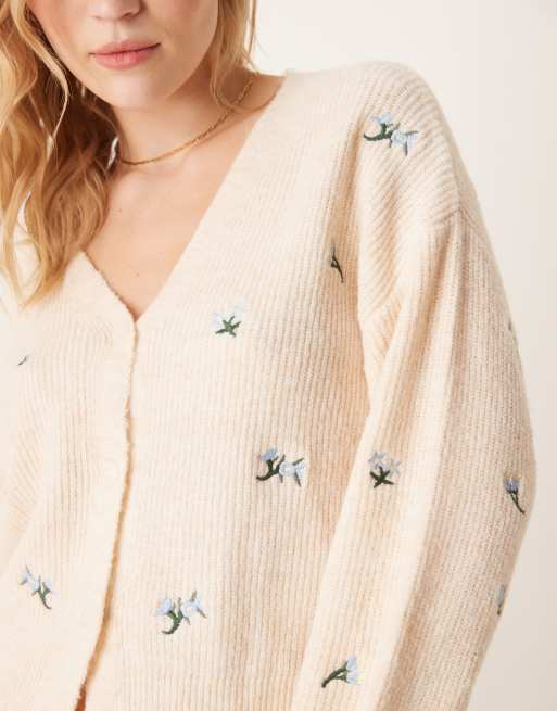 YAS floral embroidered knitted cardigan in birch cream ASOS