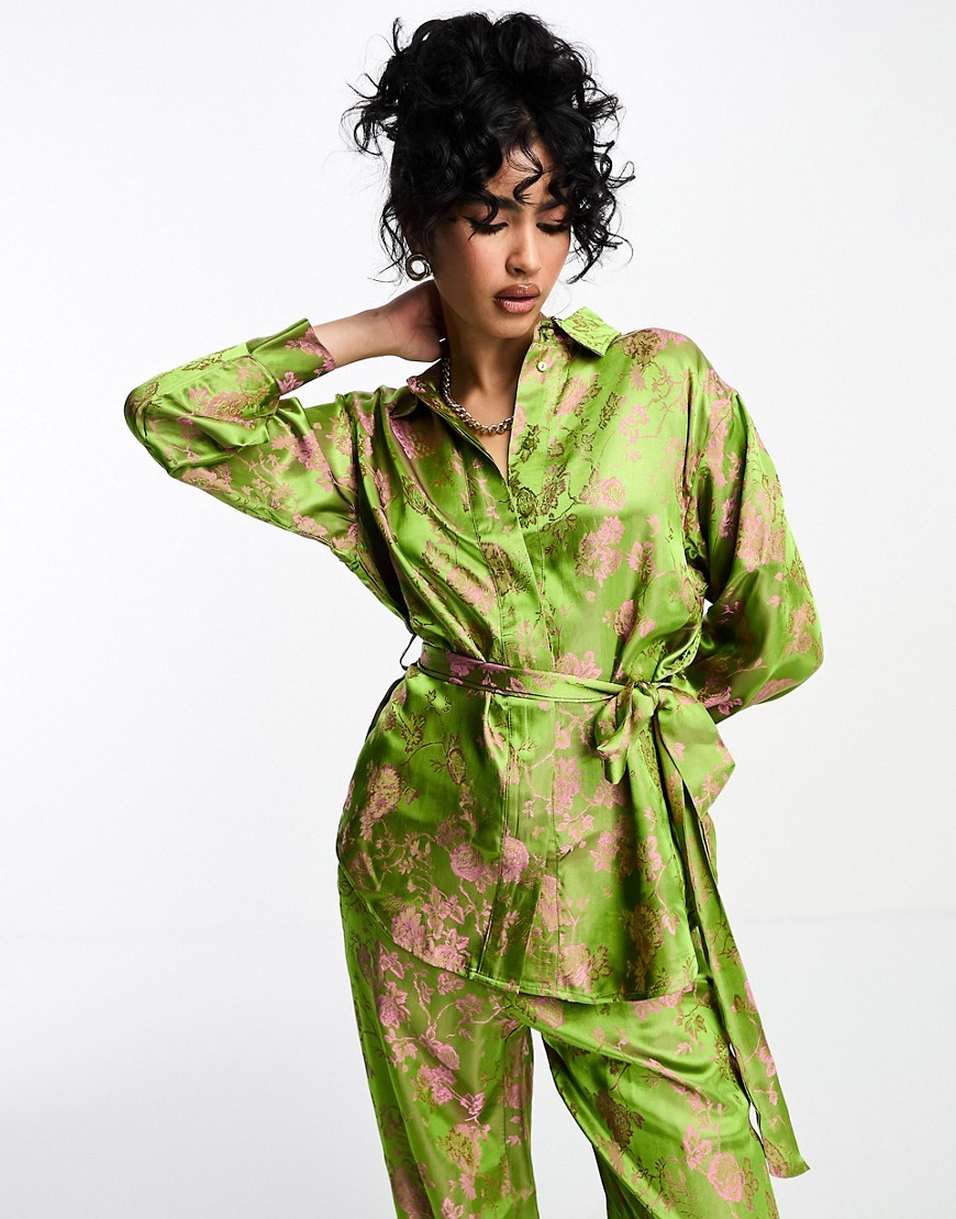 Y. A.S floral jacquard belted shirt co-ord in green and pink