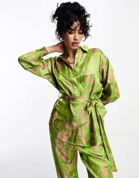 Y.A.S floral jacquard belted shirt in green and pink - part of a set - view 1