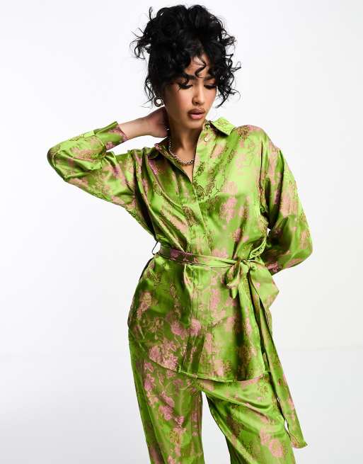 Y.A.S floral jacquard belted shirt in green and pink - part of a set 