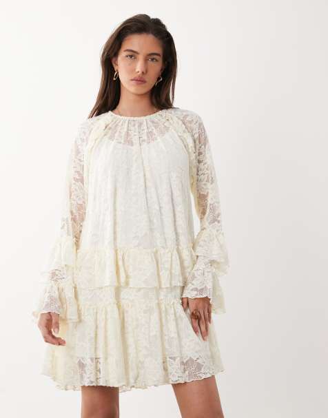 YAS floral lace ruffle detail mini dress in cream - view 1