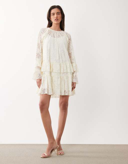 YAS floral lace ruffle detail mini dress in cream, 2 of 4