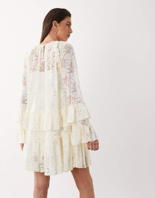 YAS floral lace ruffle detail mini dress in cream, 4 of 4