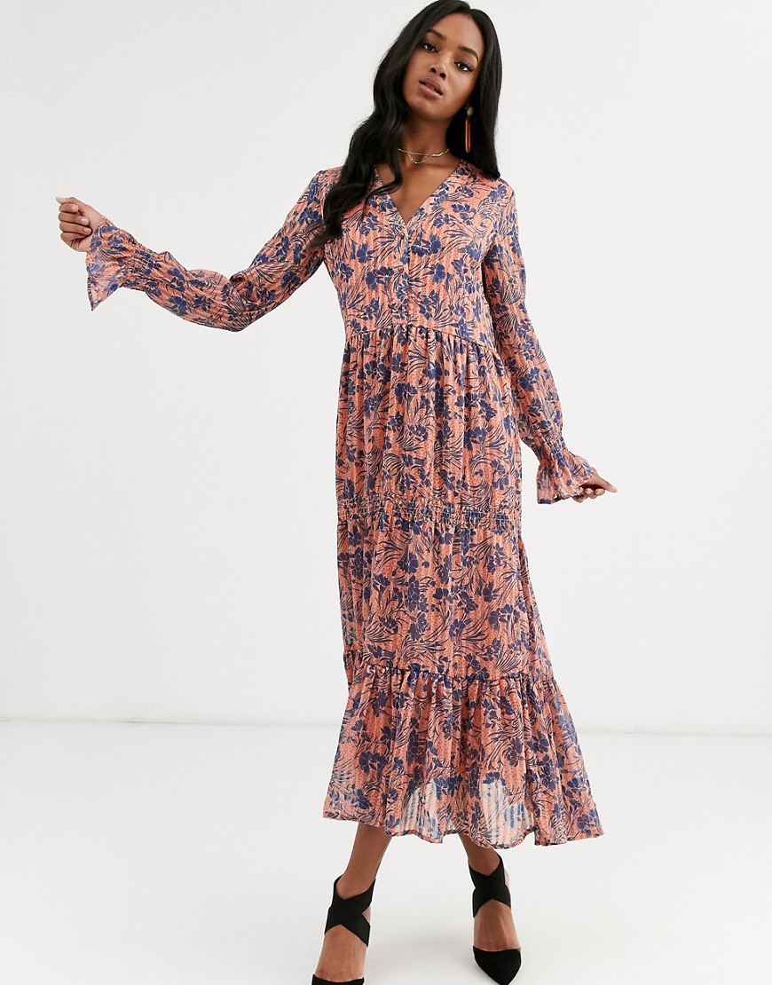 Y.A.S floral maxi dress with gather detail-Beige