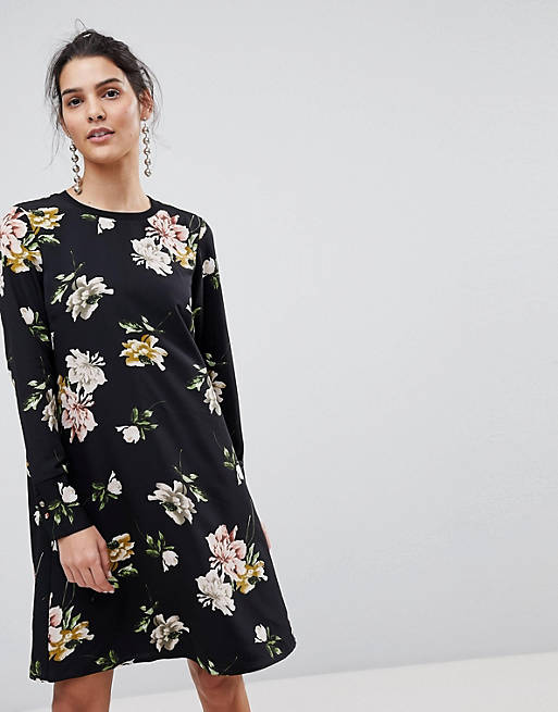 Y.A.S floral mini shift dress with sleeve rib detail in black