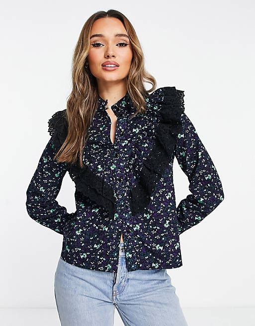 Y.A.S floral printed shirt with lace trim detail 