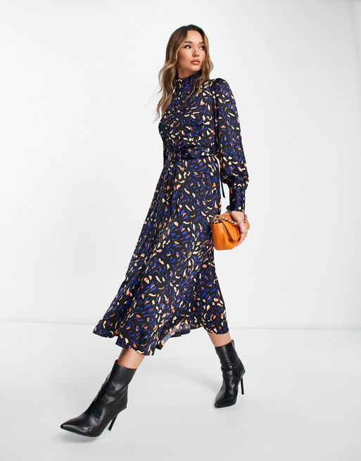 Printed High Neck Belted Midi Waisted Dress