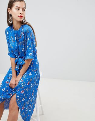 floral tie front midi dress