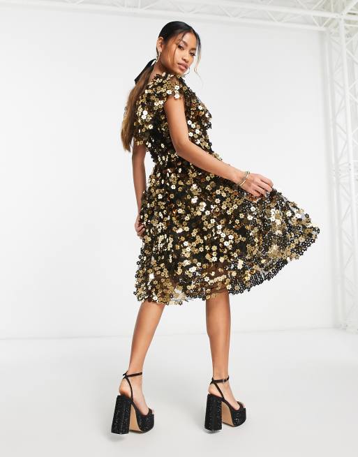 Y.A.S flower sequin frill dress in gold ASOS