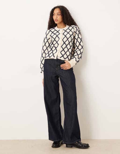 YAS fluffy textured check jumper in cream and navy, 2 of 4