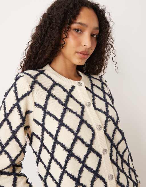 YAS fluffy textured check jumper in cream and navy, 3 of 4