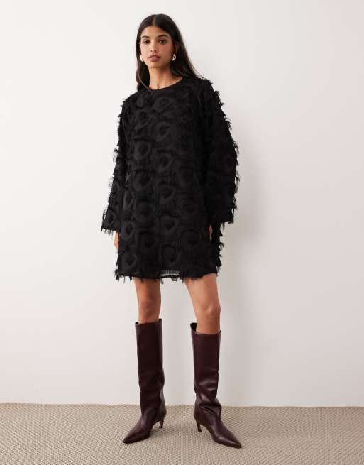 YAS fluffy textured long sleeve mini dress in black, 4 of 4