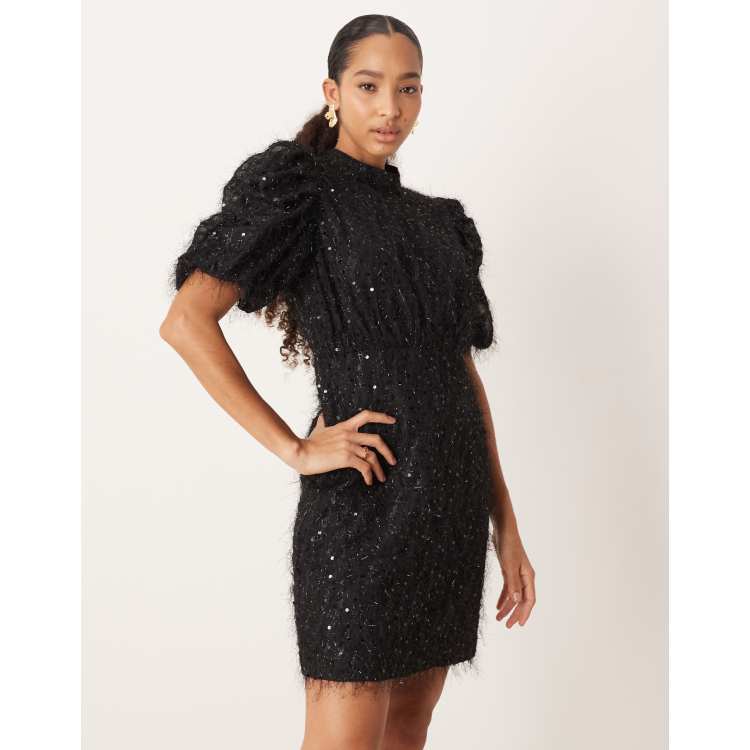 black textured glitter dress Women's Black Textured Sequin Cowl Neck Thigh Split Maxi Dress