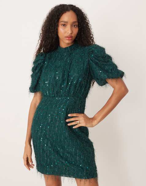 YAS fluffy textured sequin mini dress in dark green - view 1