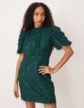 [YAS] YAS fluffy textured sequin mini dress in dark green 10 Ponderosa pine