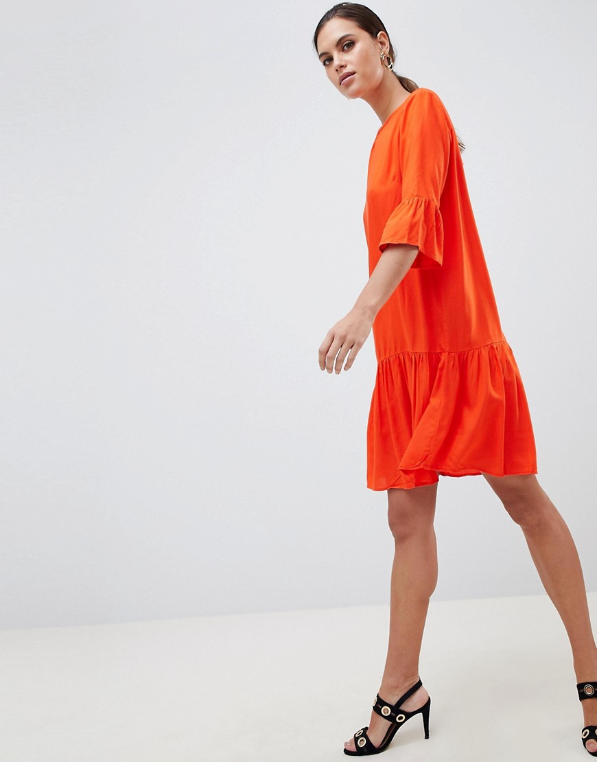 Y.A.S fluted sleeve drop hem mini dress in orange