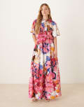 [YAS] YAS fluted sleeve midi dress in pink abstract floral print-Multi 6 Sachet Pink