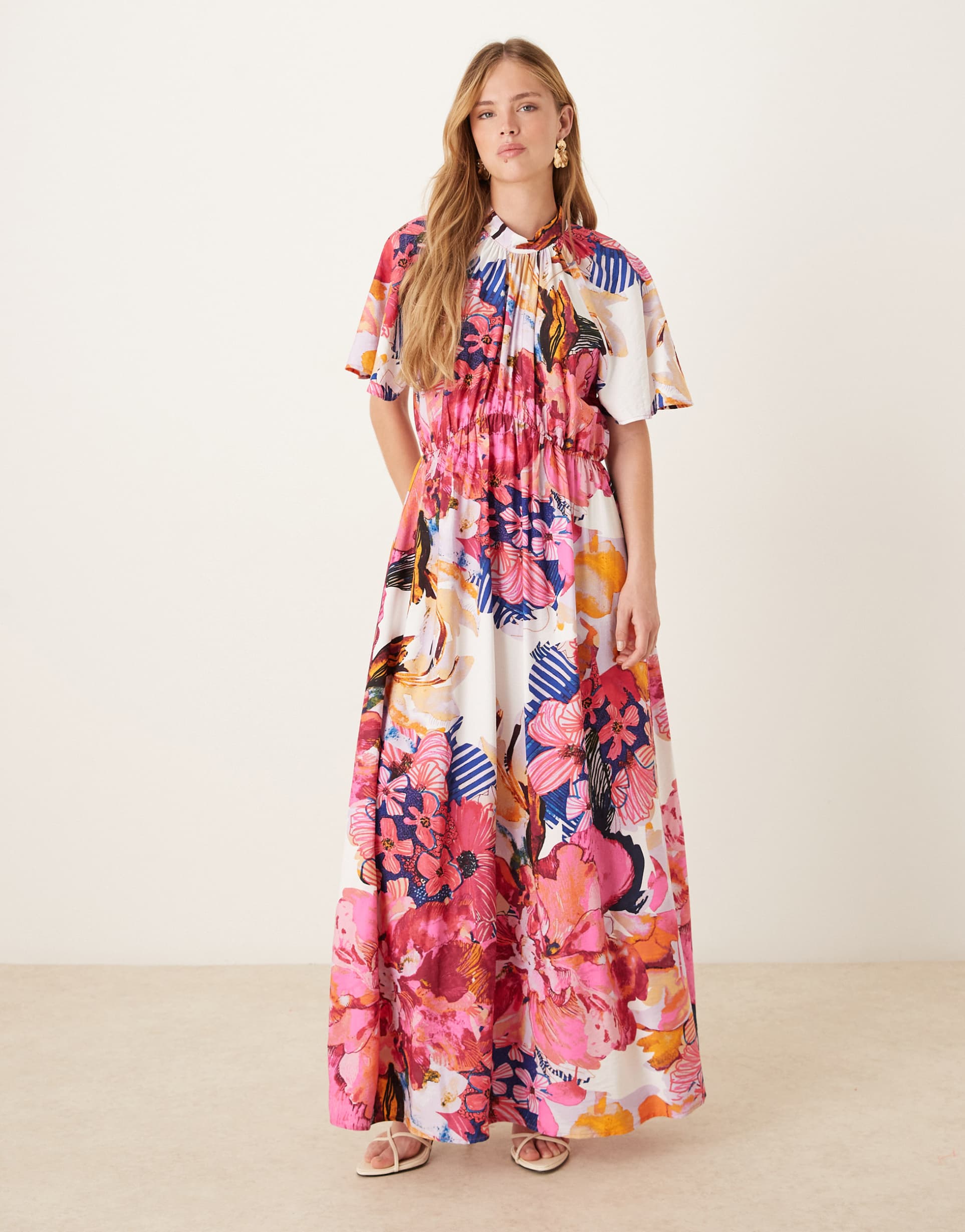 yas fluted sleeve midi dress in pink abstract floral print