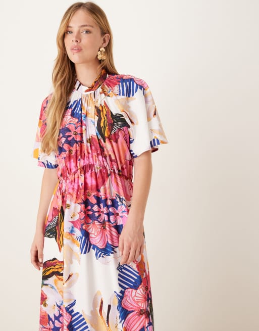 YAS fluted sleeve midi dress in pink abstract floral print, 2 of 4