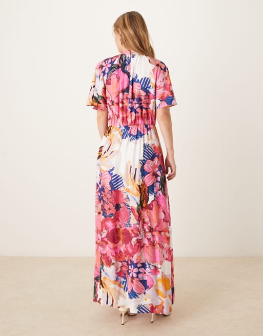 YAS fluted sleeve midi dress in pink abstract floral print, 3 of 4