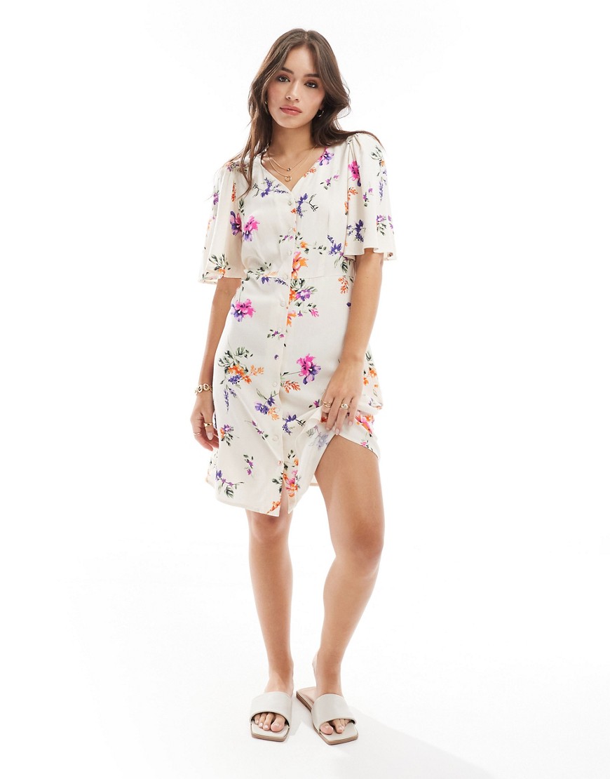 Y.a.s. Flutter Sleeve Shirt Mini Dress In Cream Floral-multi In White
