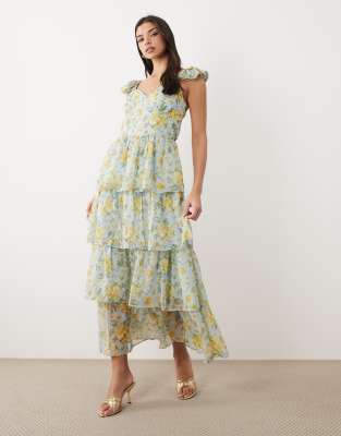 Y.a.s. Flutter Sleeve Tiered Chiffon Maxi Dress In Green