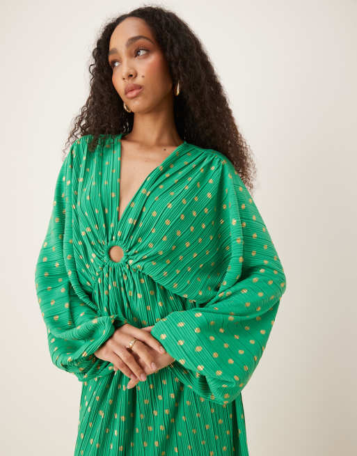 YAS foil polka dot plisse blouson sleeve maxi dress in green | ASOS