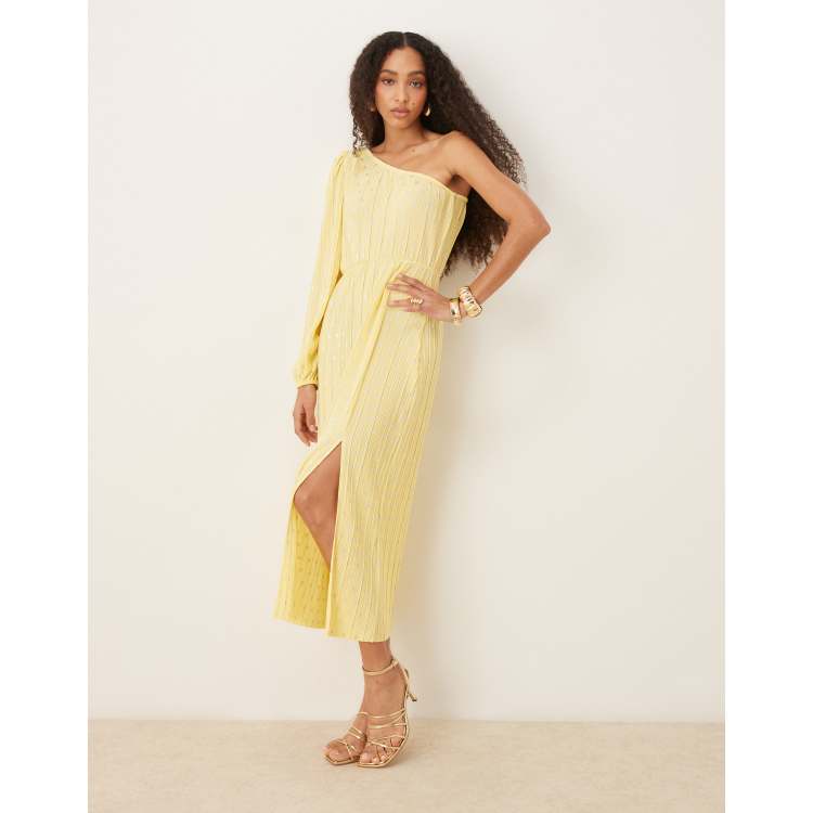 YAS foil polka dot plisse one shoulder maxi dress in pale yellow