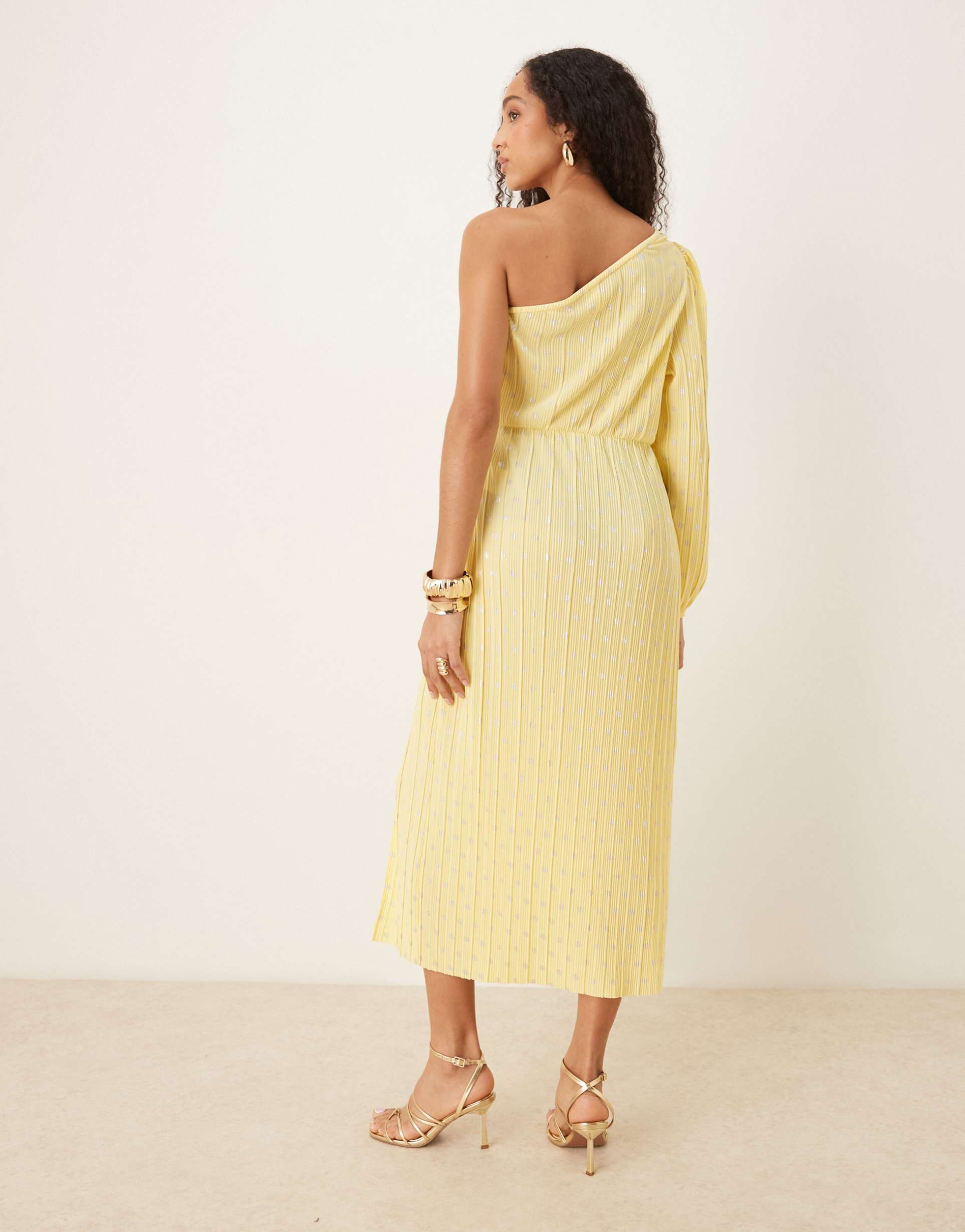 yas foil polka dot plisse one shoulder maxi dress in pale yellow
