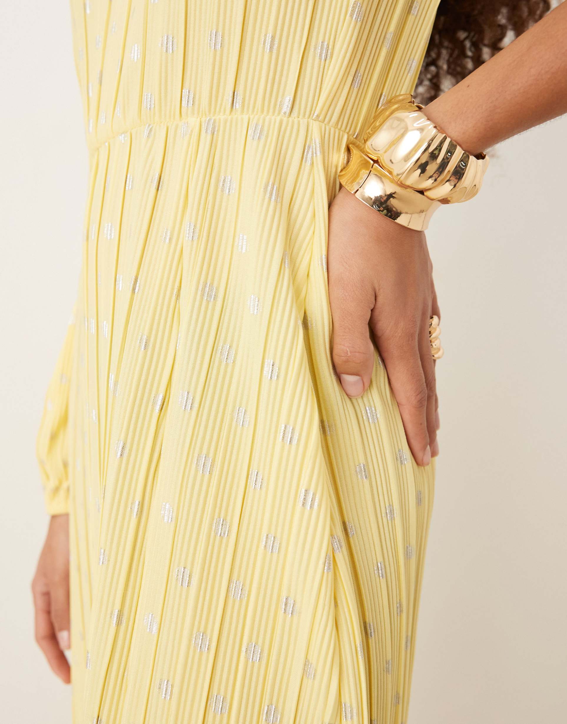 yas foil polka dot plisse one shoulder maxi dress in pale yellow
