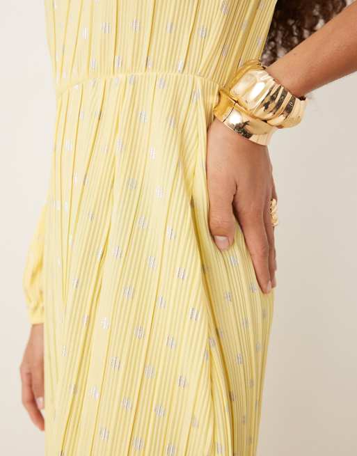 YAS foil polka dot plisse one shoulder maxi dress in pale yellow