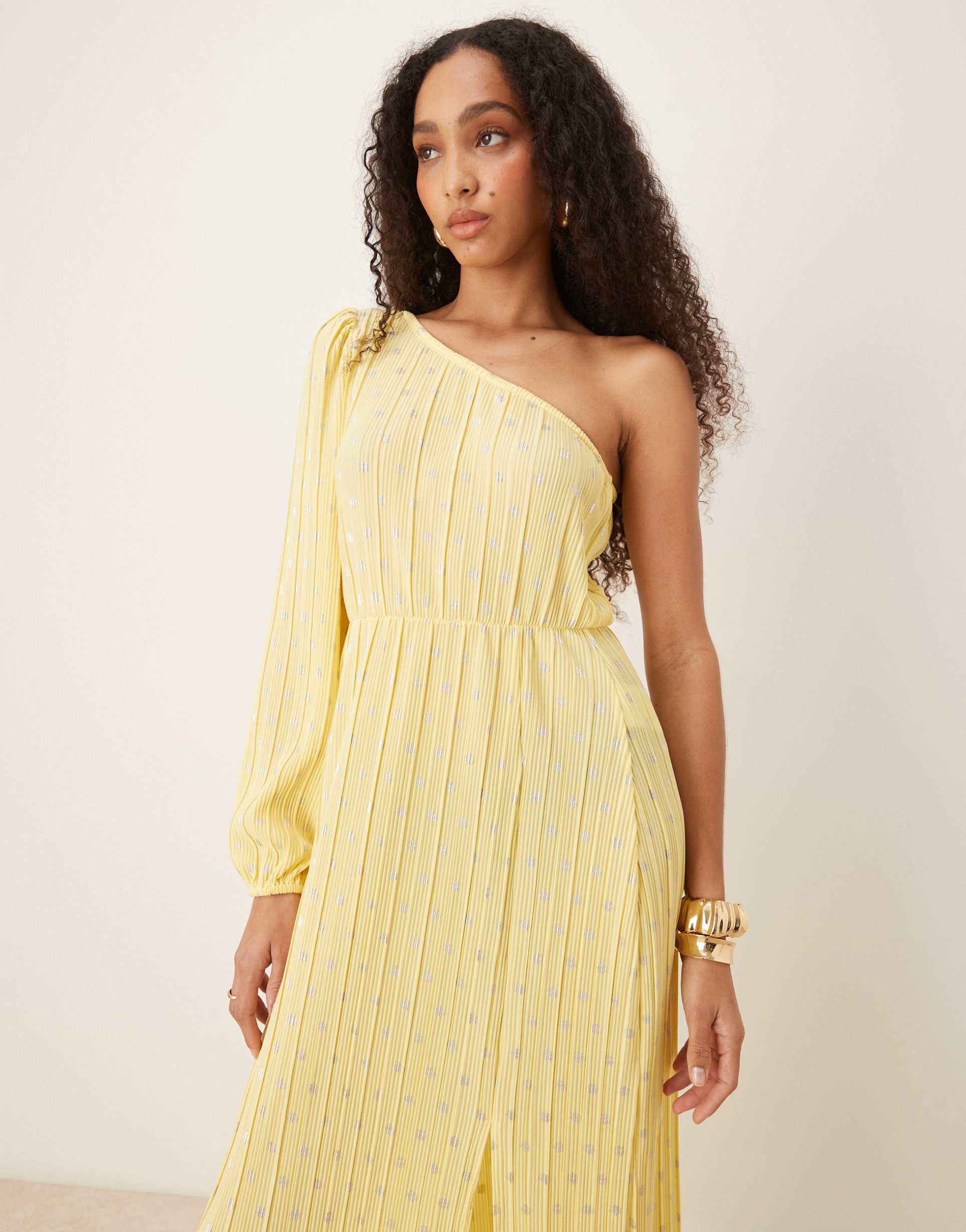 yas foil polka dot plisse one shoulder maxi dress in pale yellow