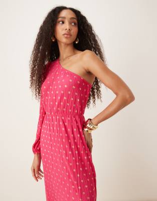 Y.a.s. Foil Polka Dot Plisse One Shoulder Maxi Dress In Pink