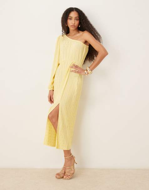 YAS foil spot plisse one shoulder maxi dress in pale yellow - view 1