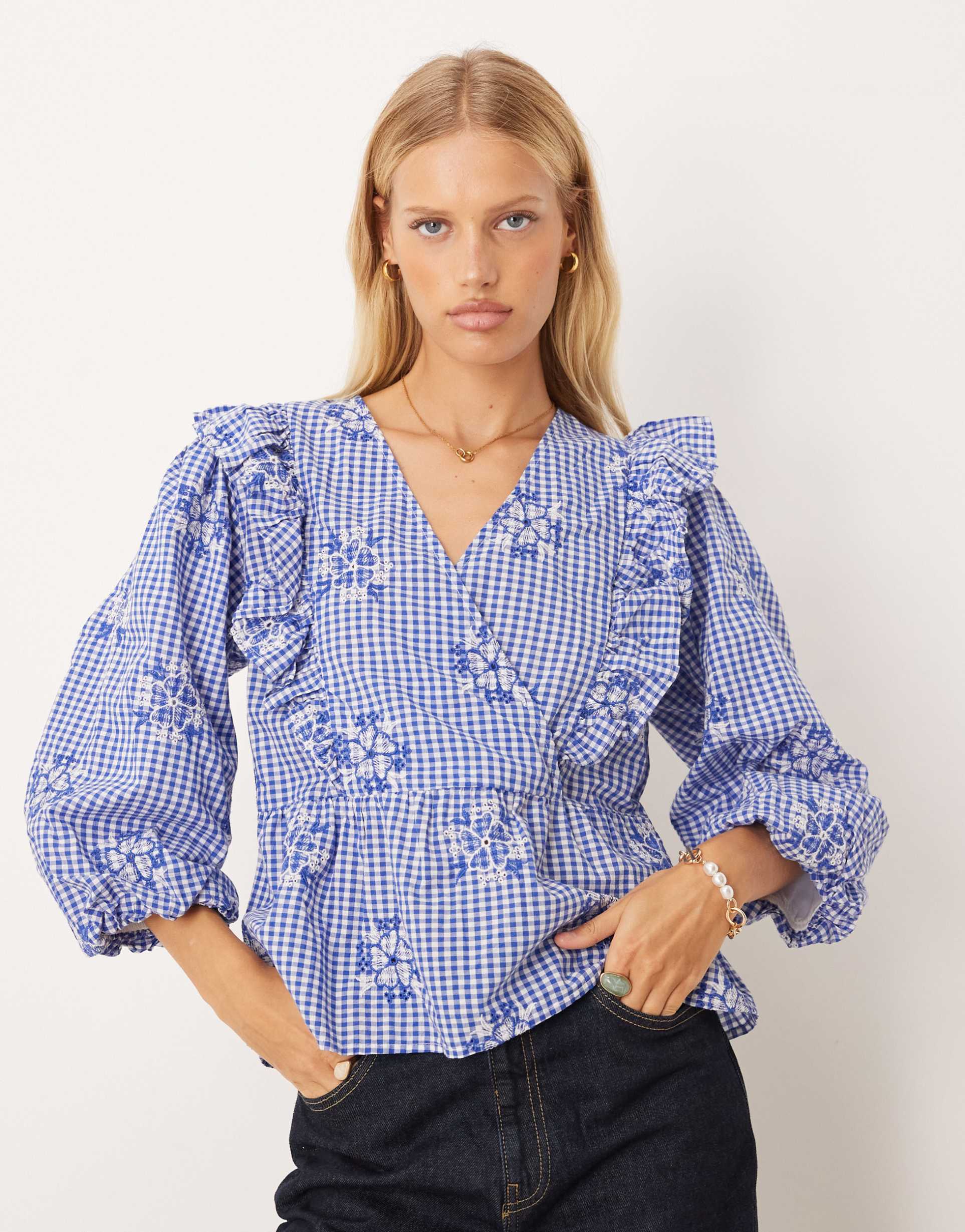 yas frill detail gingham blouse in blue and white
