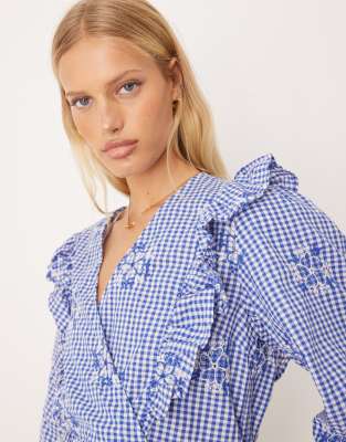Y.a.s. Frill Detail Gingham Blouse In Blue