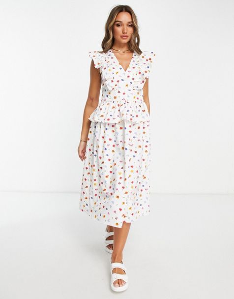 Daisy Street mini smock dress with shirring detail in white yellow ditsy  floral