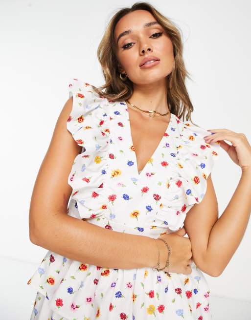 Y.A.S frill detail maxi dress in white floral print , 3 of 4