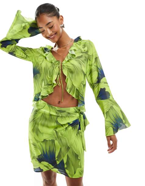YAS frill detail tie front blouse co-ord in lime print - MULTI - view 1